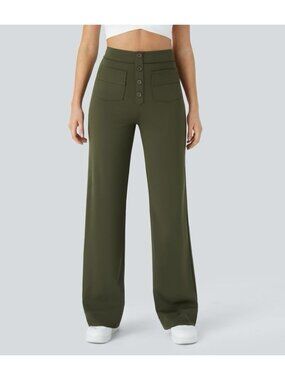 Halara Women’s Size L High Rise Wide Leg Pants Olive Green Button Front NWT